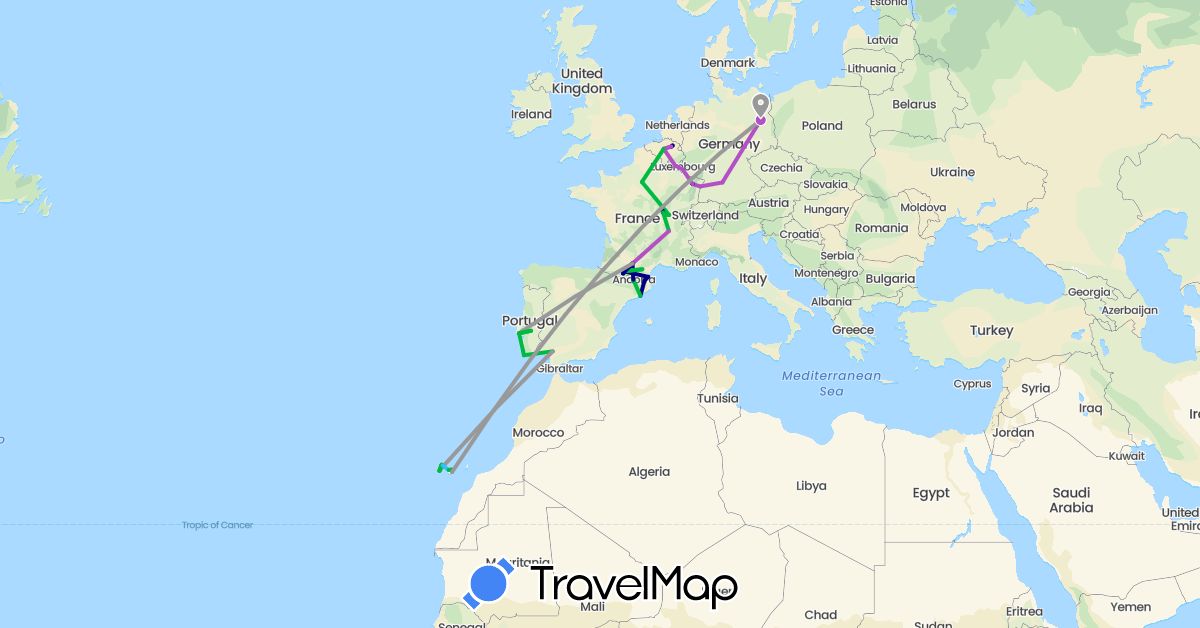 TravelMap itinerary: driving, bus, plane, train, hiking, boat in Andorra, Belgium, Germany, Spain, France, Luxembourg, Portugal (Europe)