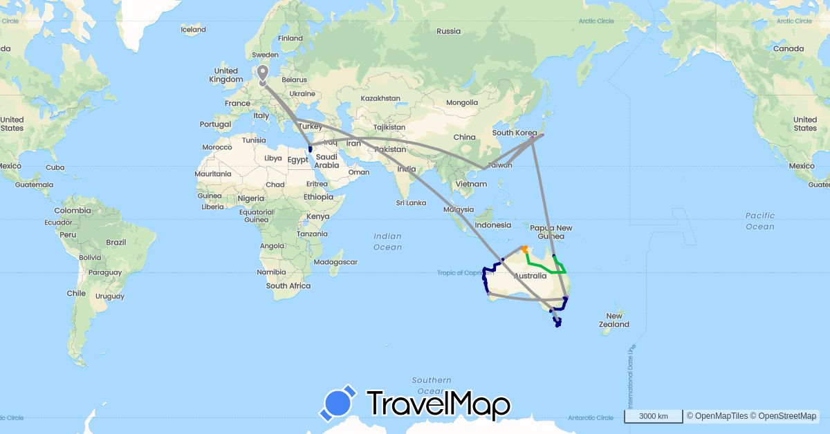 TravelMap itinerary: driving, bus, plane, train, hiking, boat, hitchhiking in Australia, China, Germany, Israel, Jordan, Japan, Singapore, Turkey (Asia, Europe, Oceania)